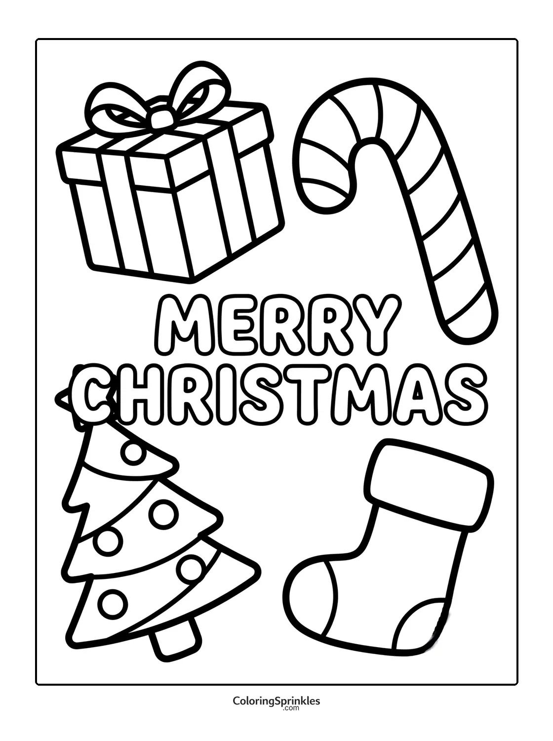Coloring page of Christmas gift, candy cane, tree and stocking with Merry Christmas text