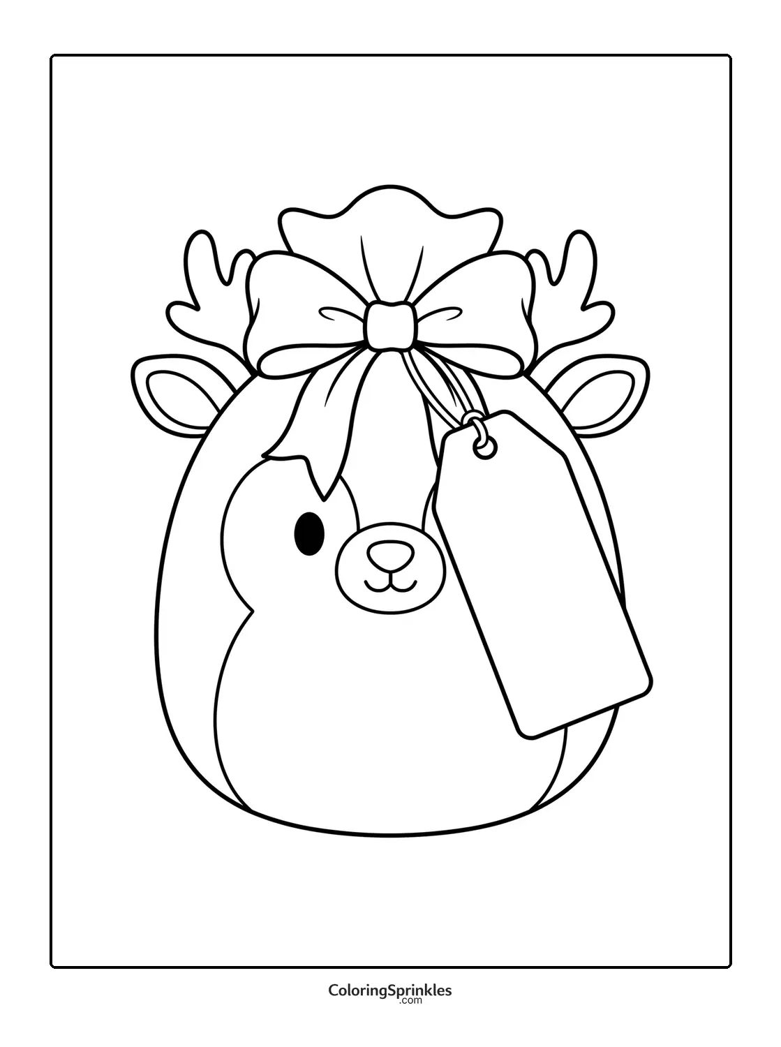 Coloring page of a Christmas gift shaped like a penguin with reindeer ears and a bow