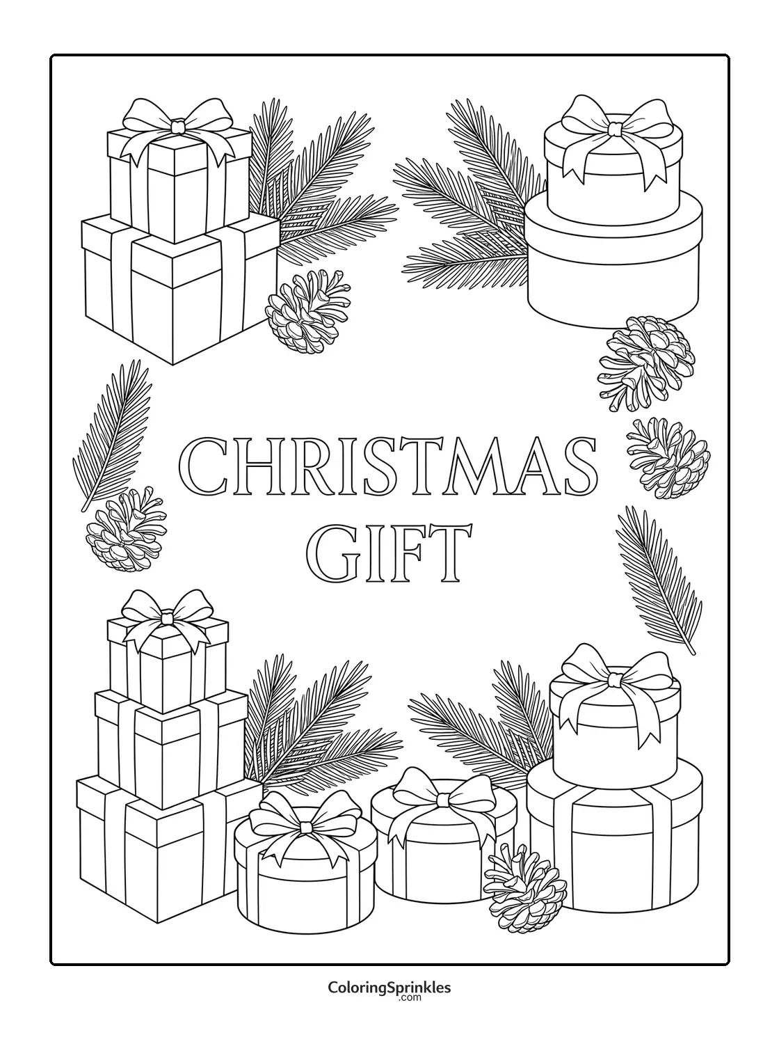 Coloring page of Christmas gifts with pinecones and pine branches