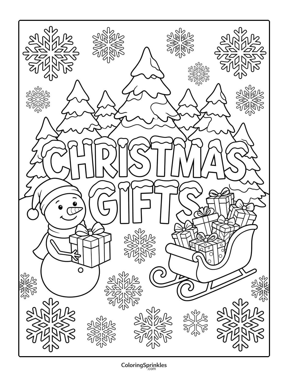 Coloring page of a snowman holding a gift next to a sleigh full of presents