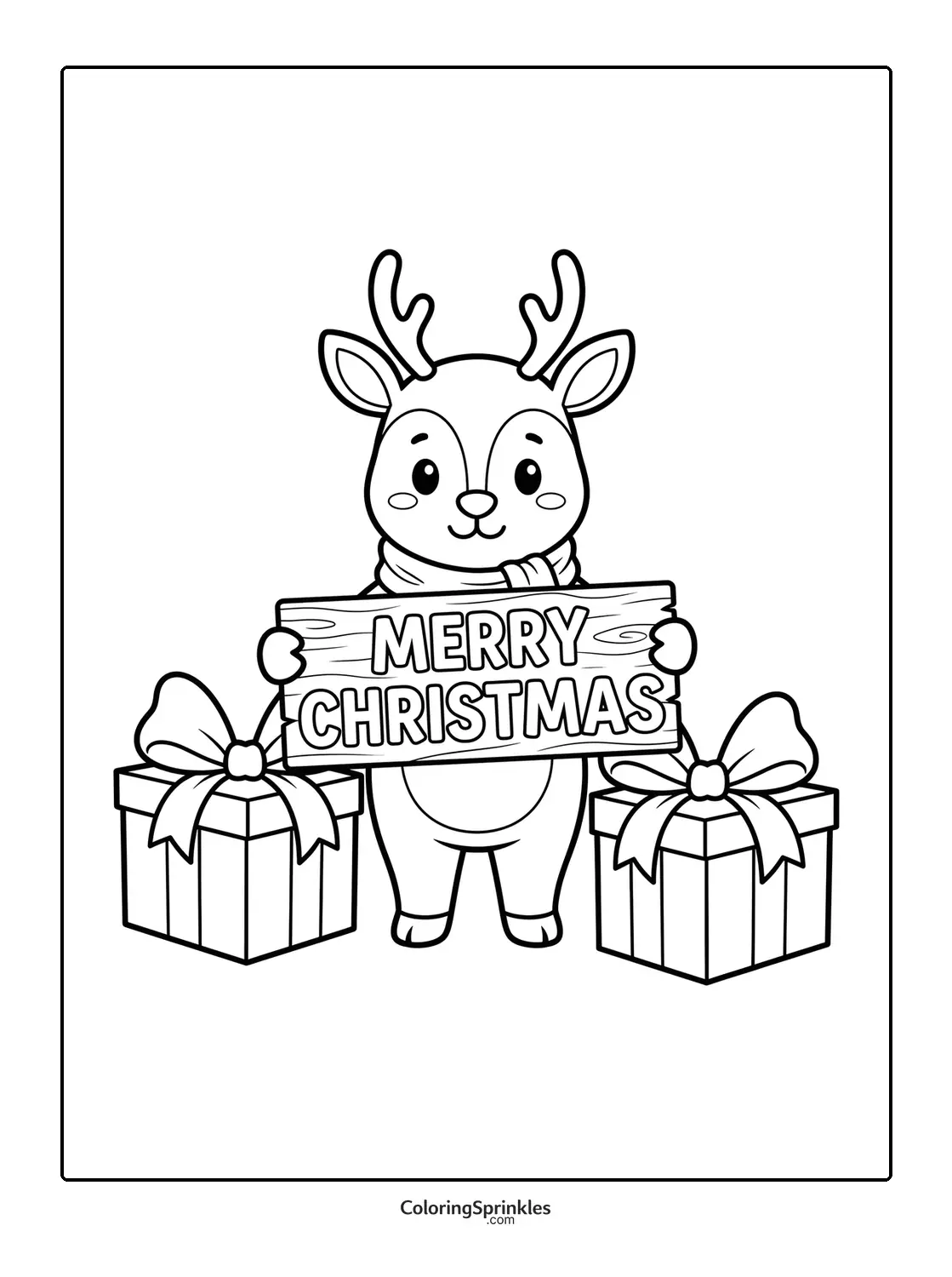 Coloring page of a reindeer holding a Merry Christmas sign with gift boxes