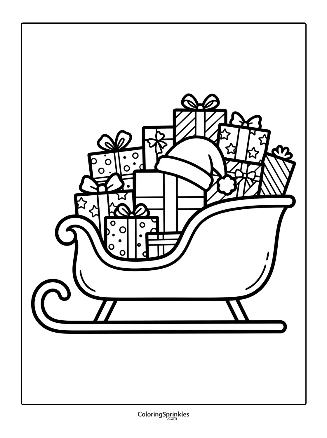 Printable coloring page of a Christmas sleigh packed with wrapped presents and a Santa hat