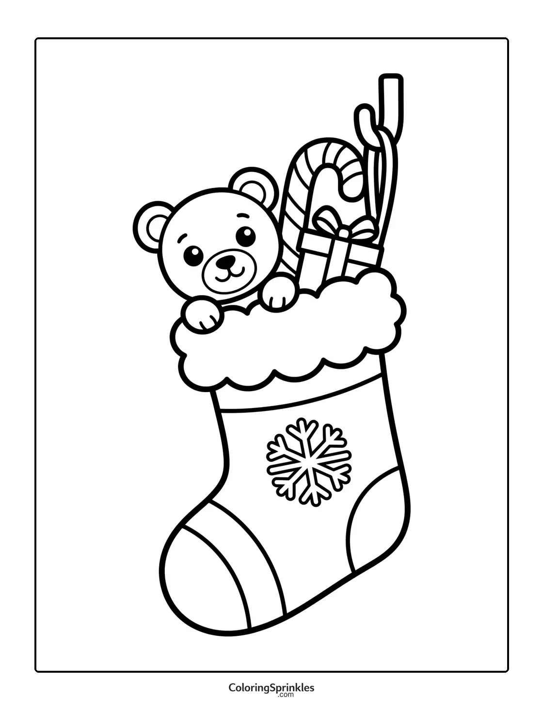 Coloring page of a Christmas stocking with a teddy bear, candy cane, and gift inside