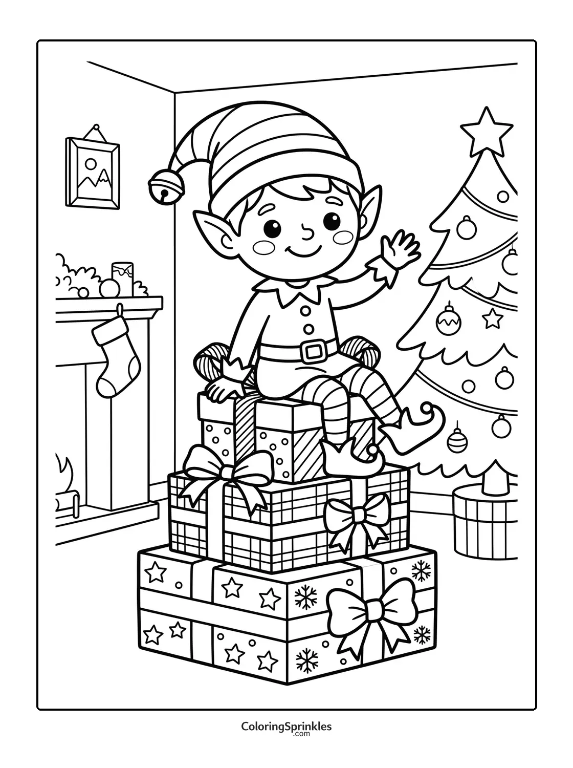 Coloring page of an elf sitting on stacked Christmas gifts beside a decorated Christmas tree