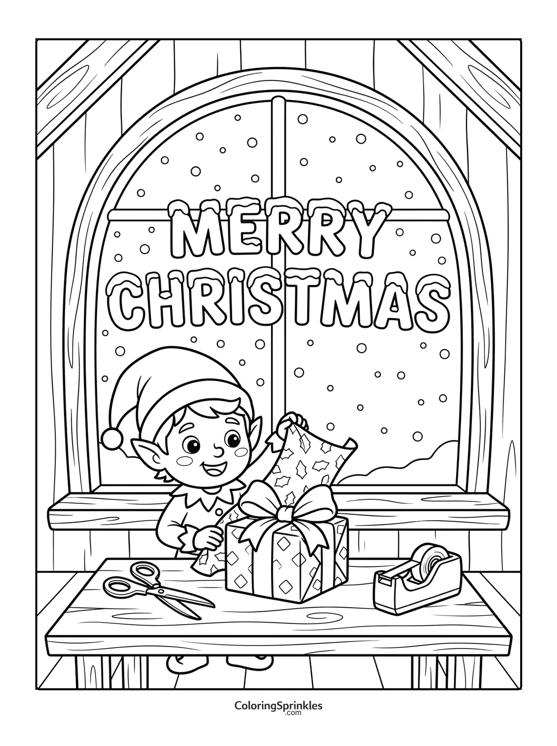 Coloring page of an elf wrapping a Christmas gift by the window