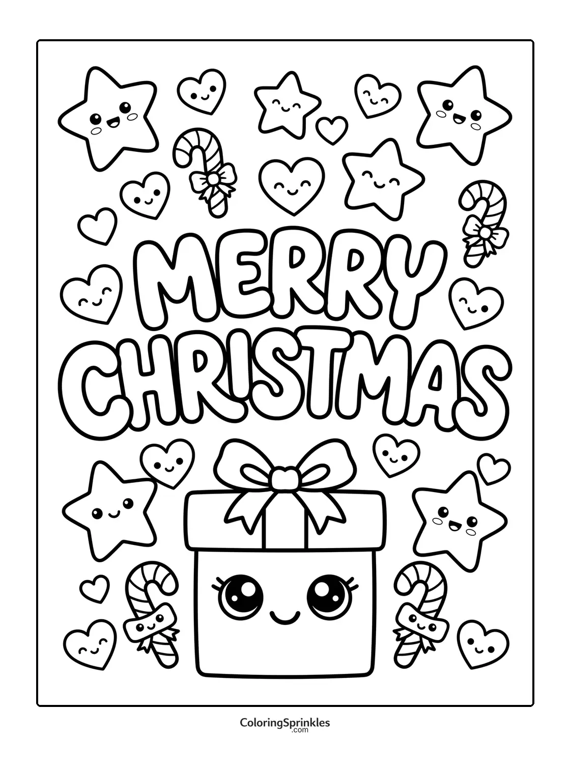 Printable coloring page of a Merry Christmas gift surrounded by stars, hearts, and candy canes