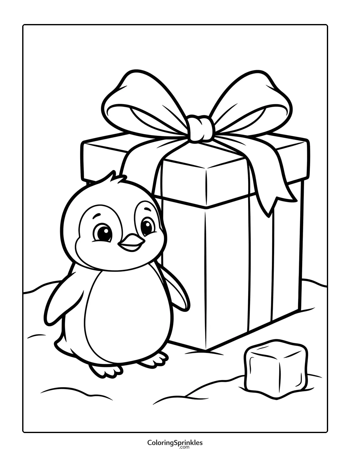 Coloring page of a penguin with a Christmas gift and an ice cube in the snow