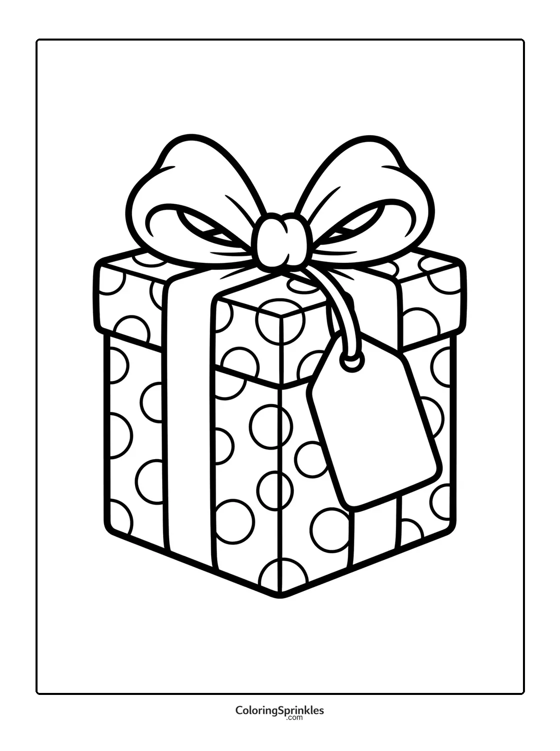 Coloring page of a polka dot gift box with a bow and gift tag