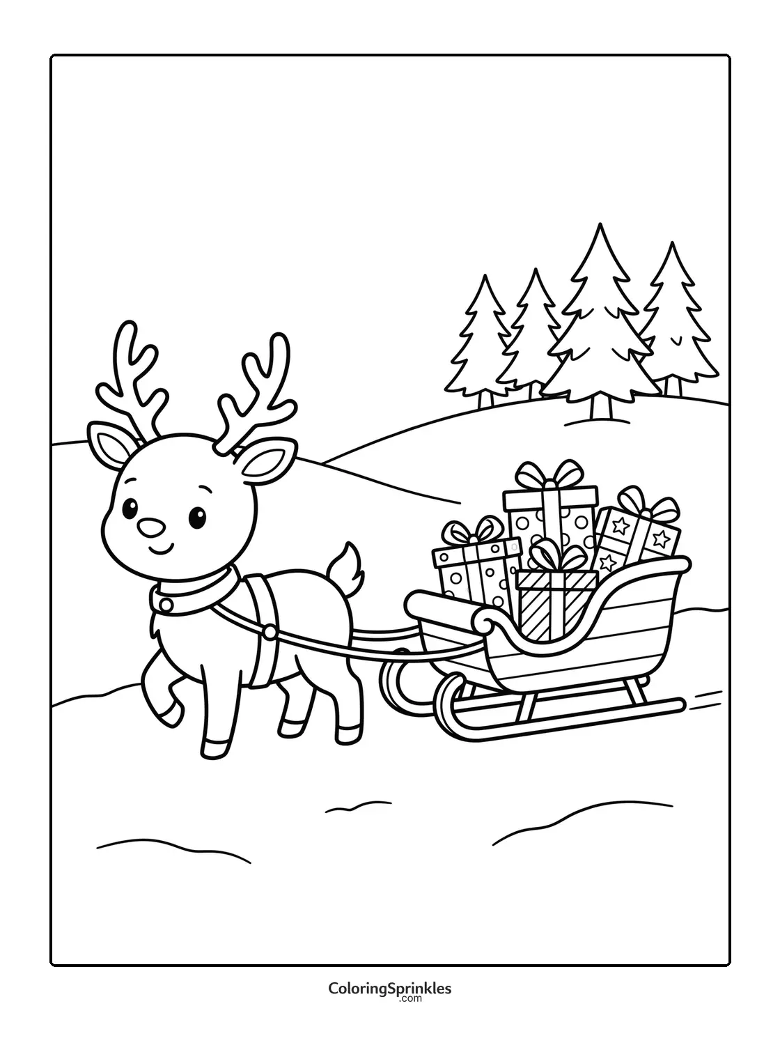 Printable coloring page of a reindeer pulling a sleigh filled with Christmas gifts in the snow