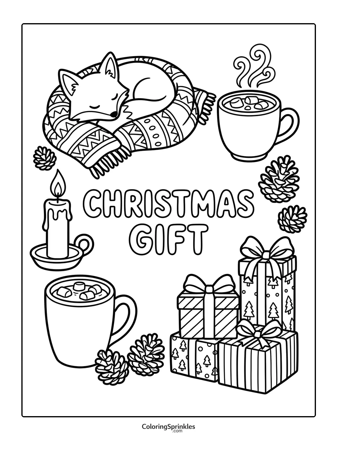Coloring page of a sleeping fox with Christmas gifts, hot cocoa and pine cones