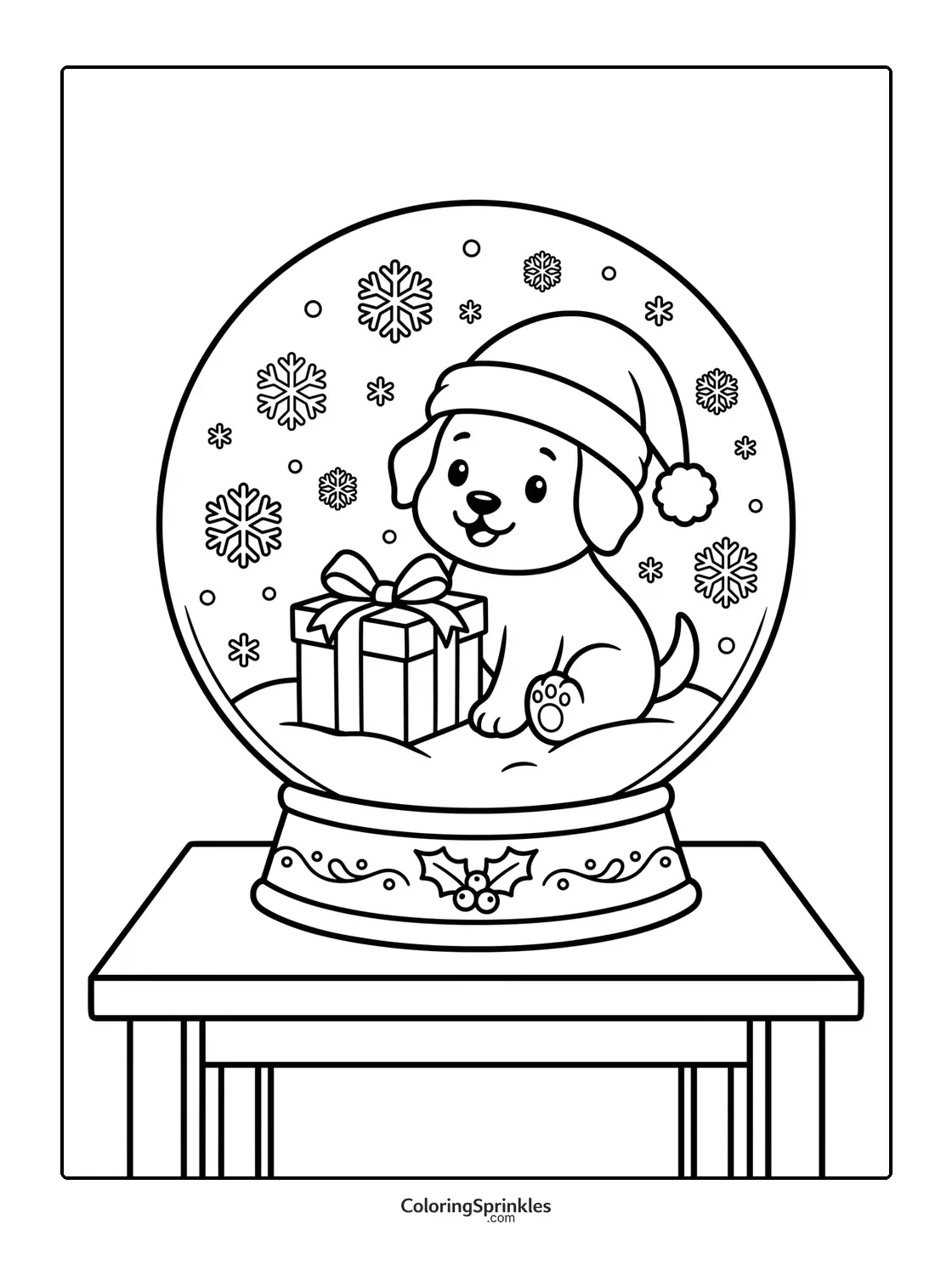 Coloring page of a snow globe with a puppy wearing a Santa hat and a Christmas gift