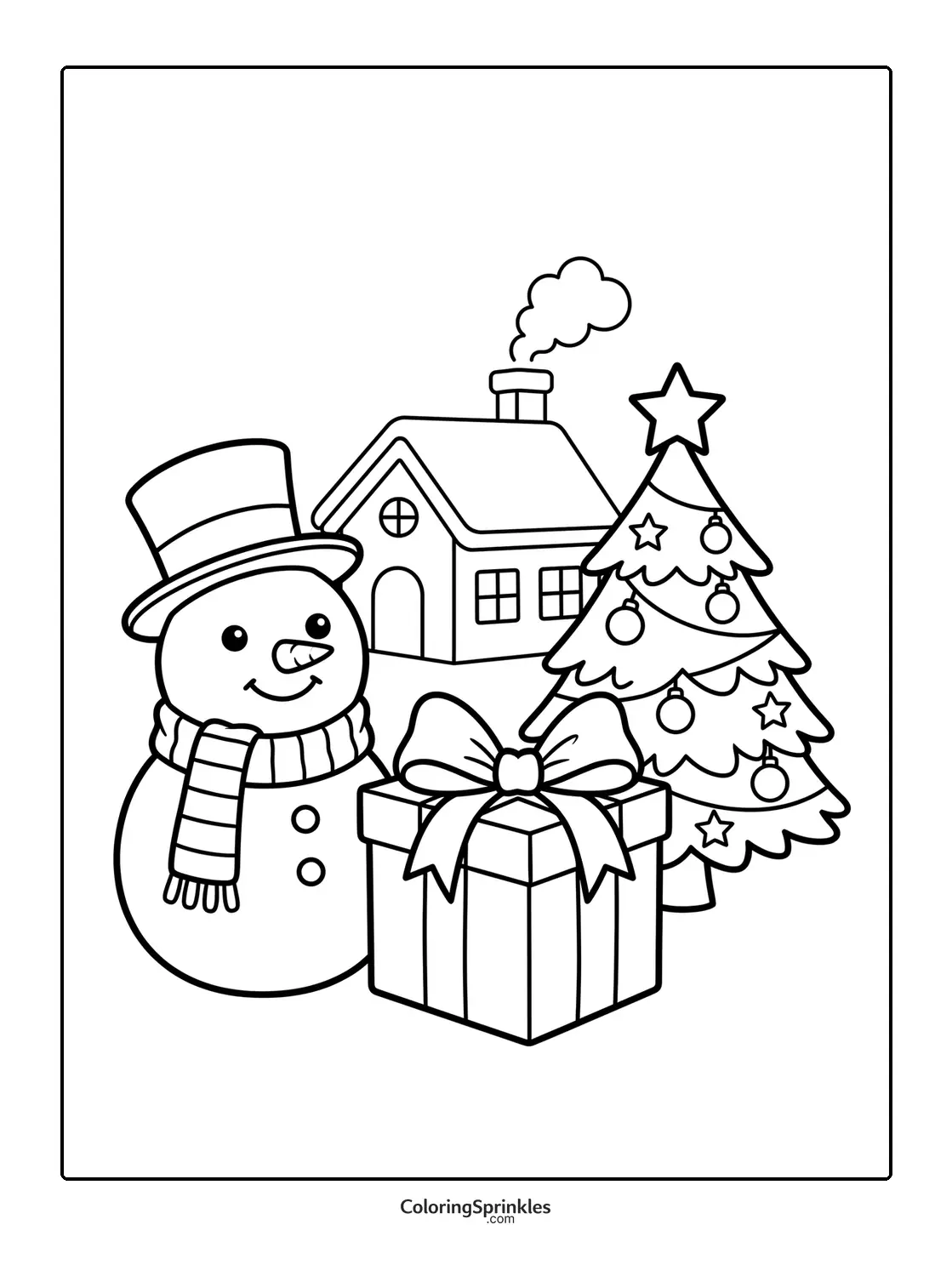 Coloring page of a snowman with a Christmas tree, gift box, and house