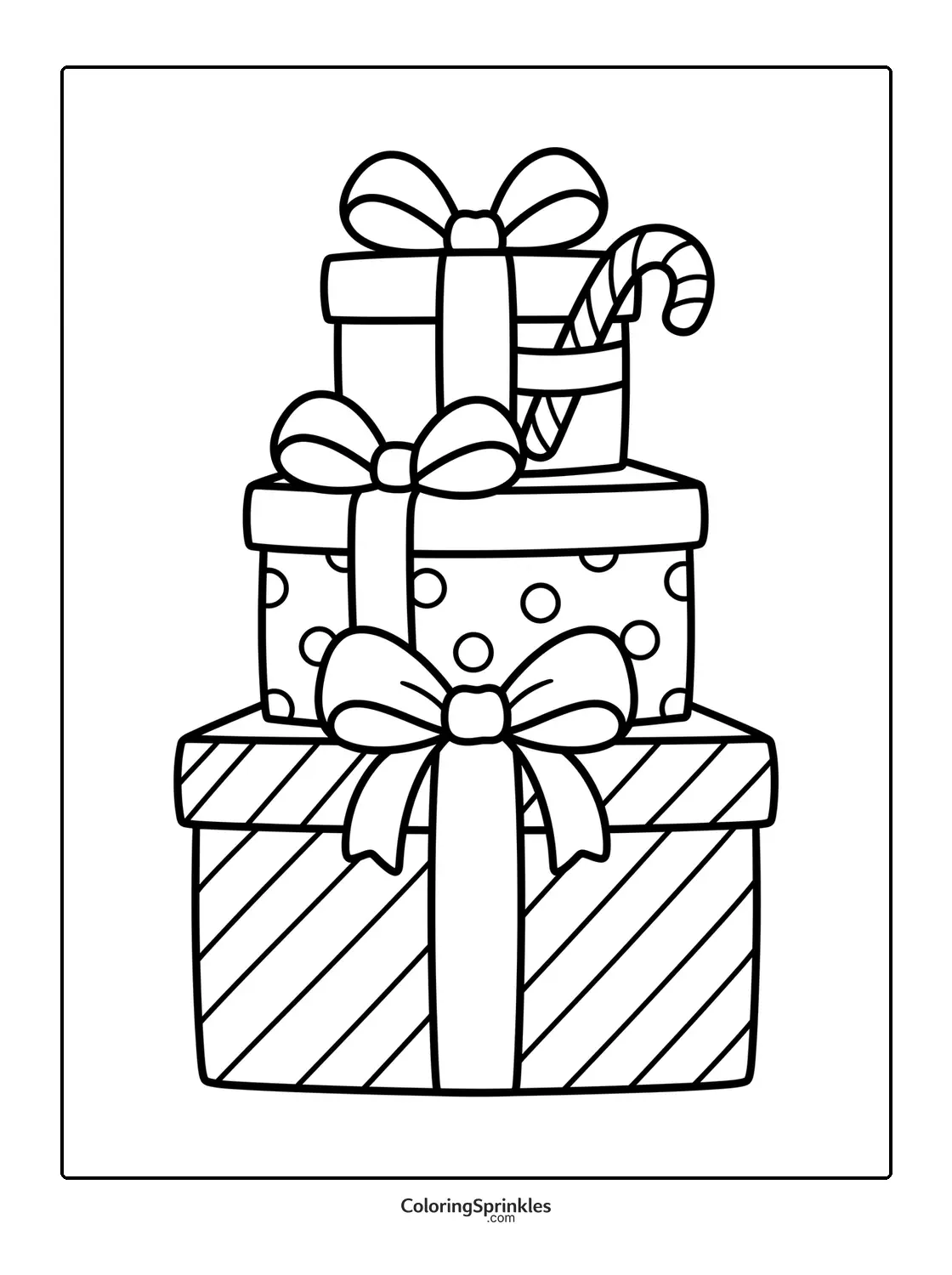 Coloring page of a stack of Christmas presents with bows and a candy cane