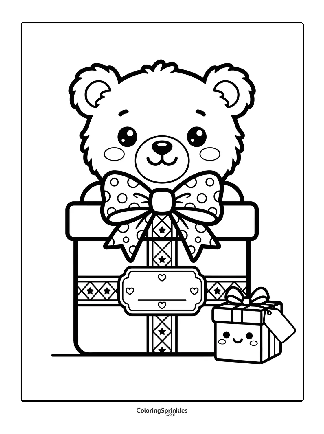 Coloring page of a teddy bear peeking out of a gift box with a bow and a smaller gift box