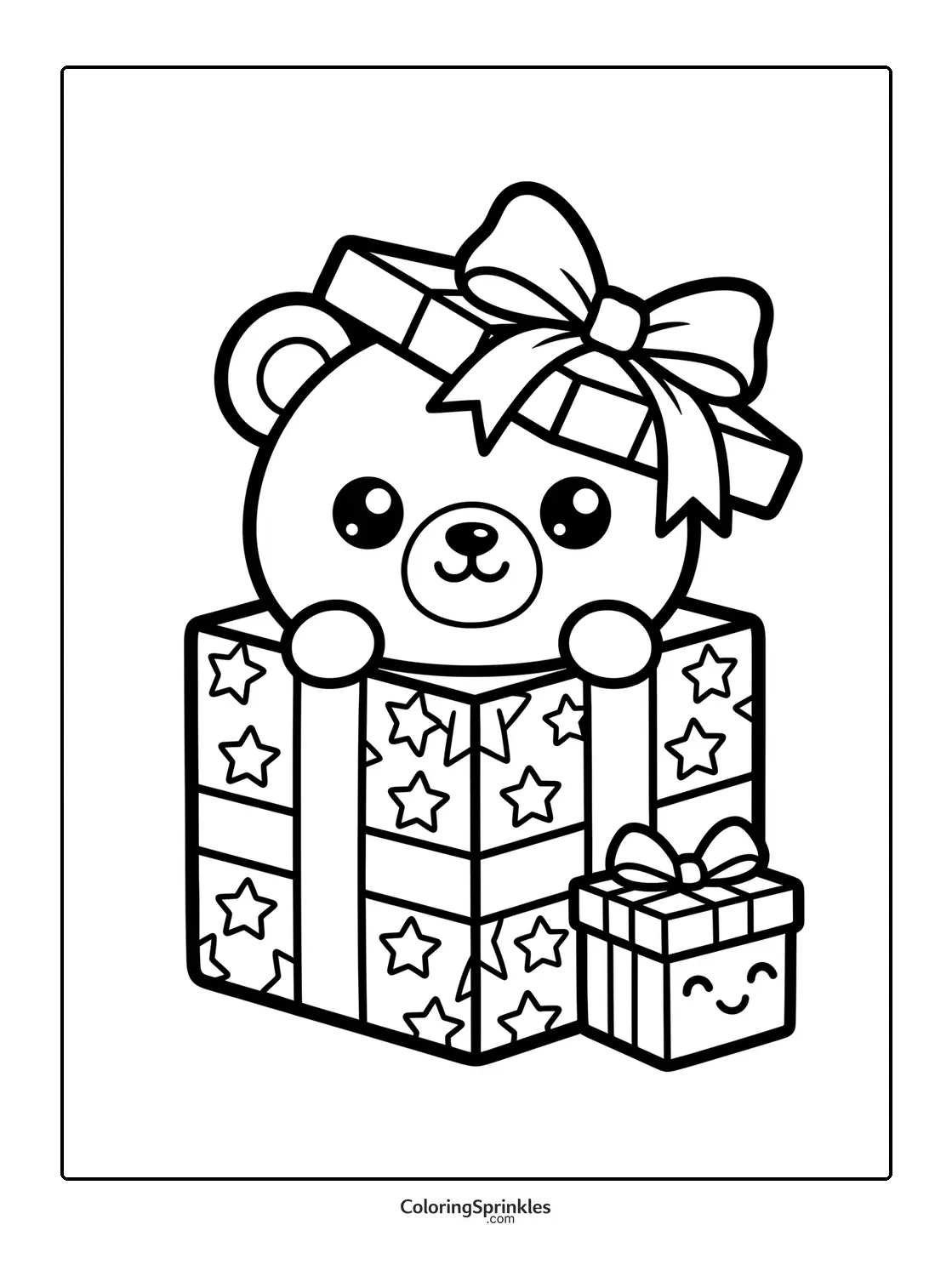 Coloring page of a teddy bear popping out of a star-patterned present box