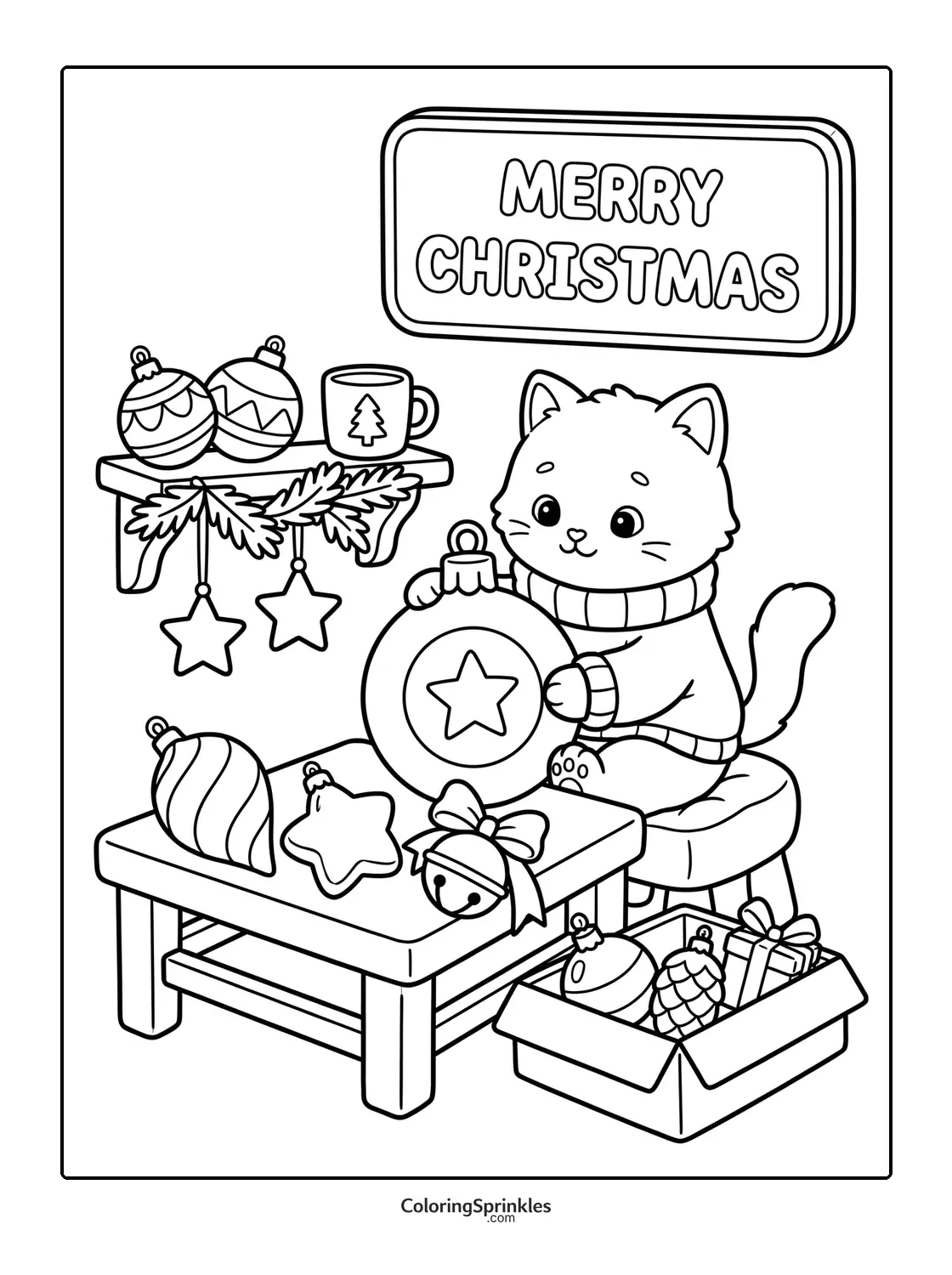 Coloring page of a cat holding a Christmas ornament by a table with decorations