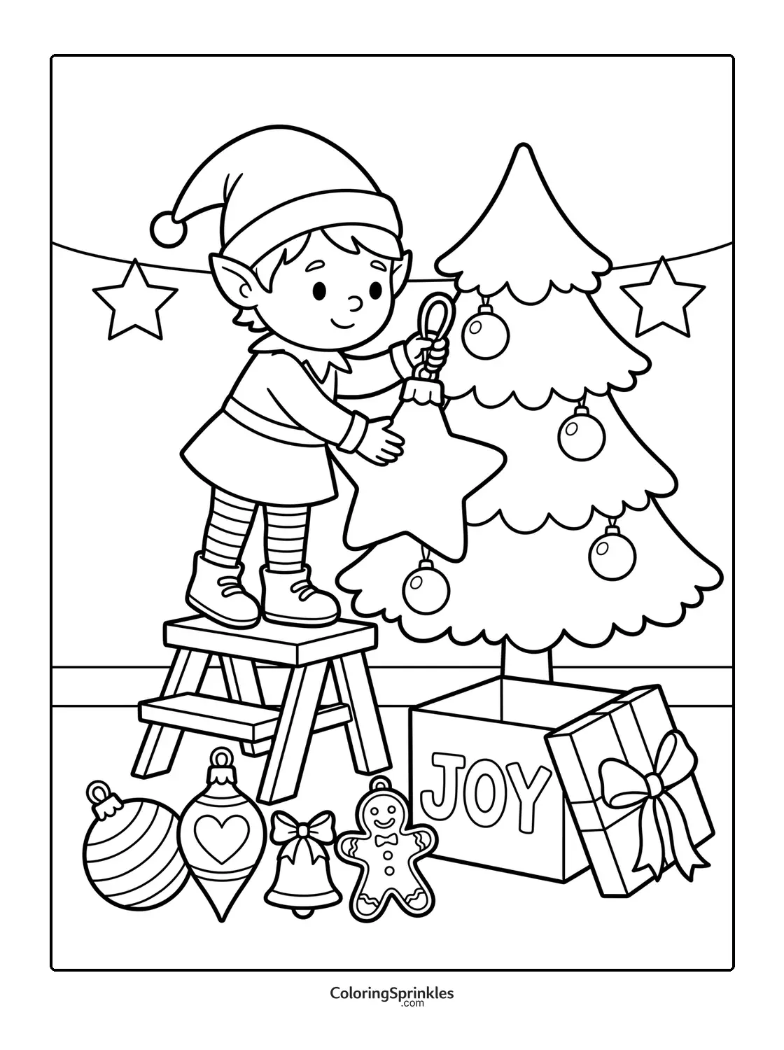 Coloring page of a Christmas elf decorating a tree with a star ornament near a joy box