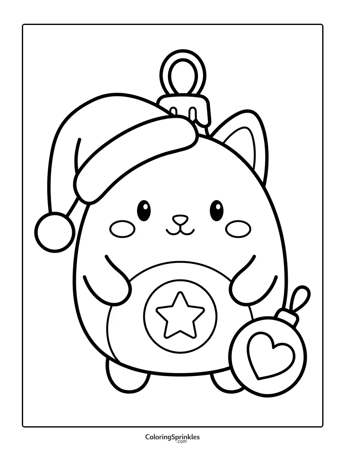 Coloring page of a Christmas ornament shaped like a cat wearing a Santa hat holding a heart ornament
