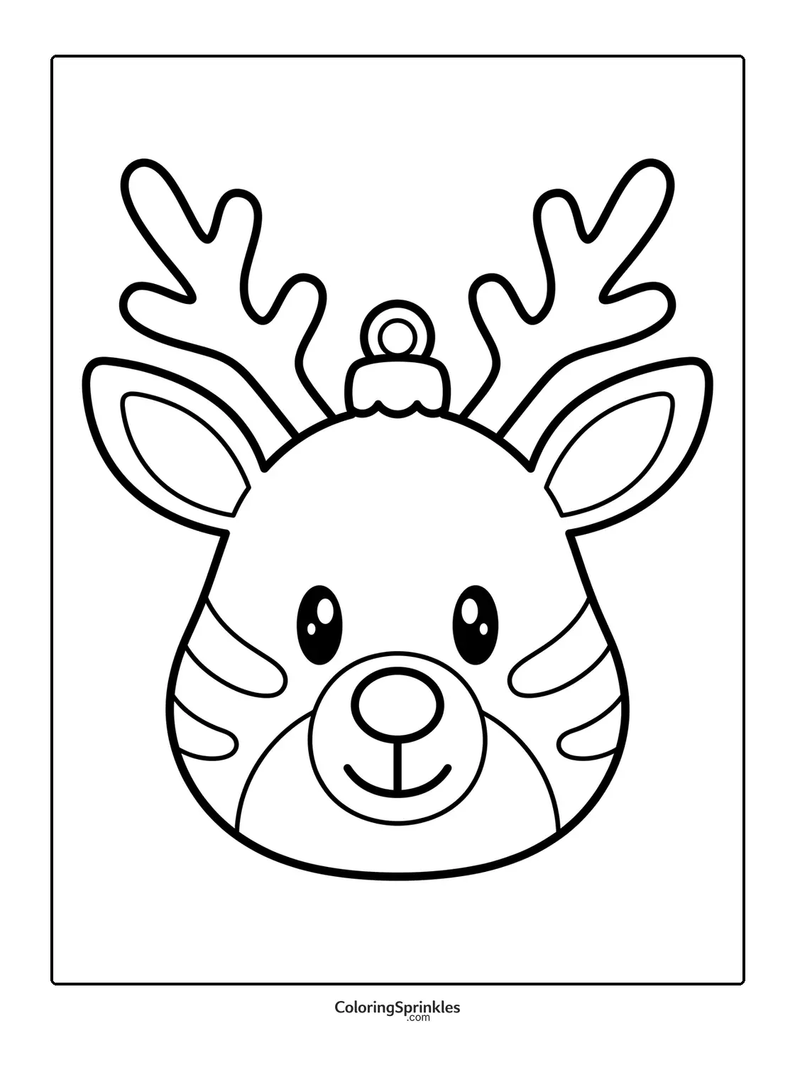 Coloring page of a Christmas ornament shaped like a reindeer face