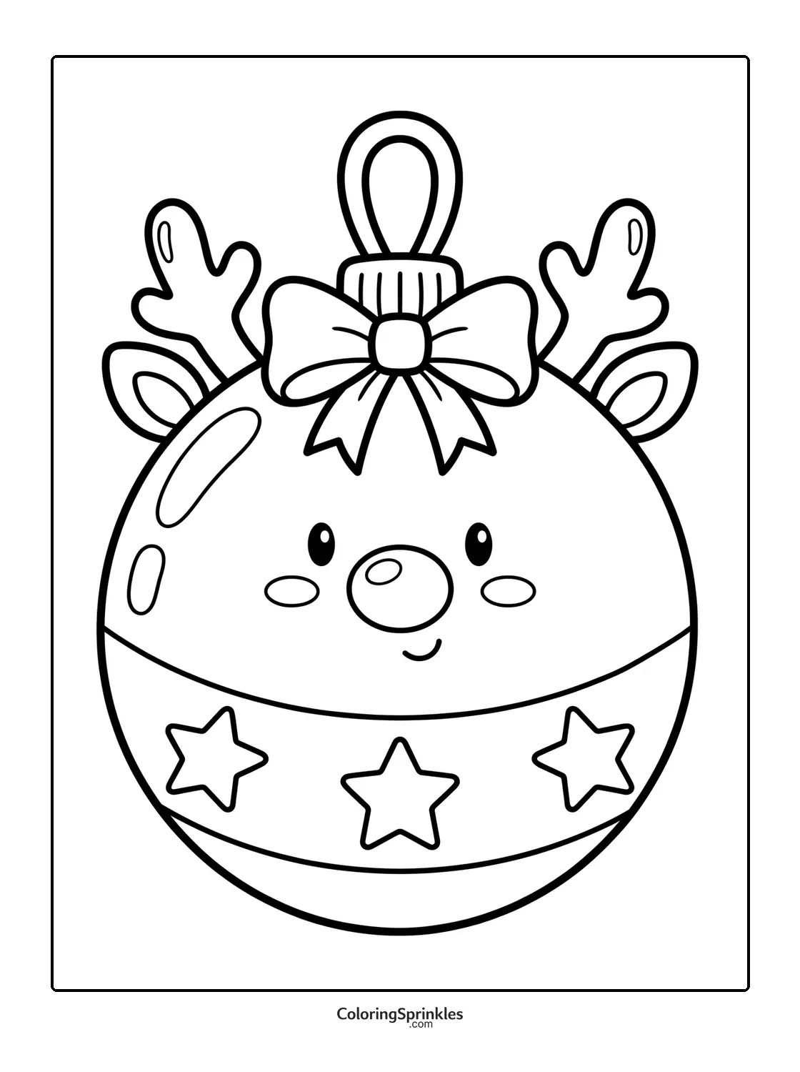 Coloring page of a Christmas ornament decorated as a reindeer with stars and a bow