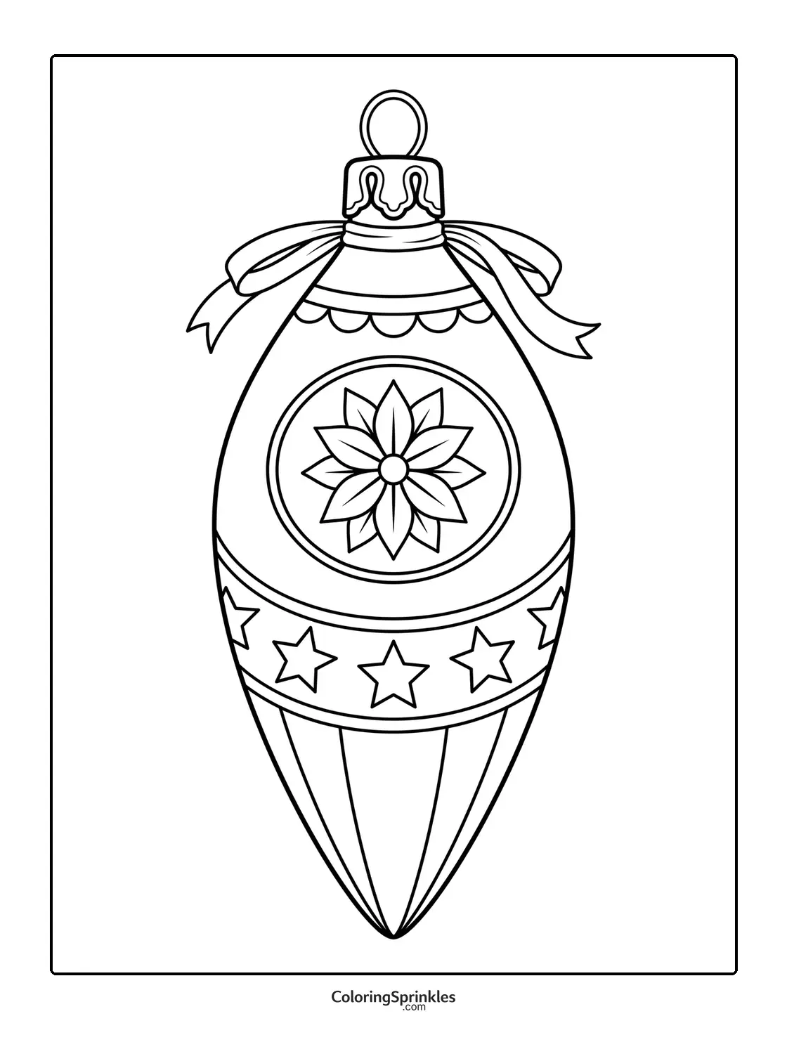 Coloring page of a Christmas ornament with stars, a flower design and a ribbon