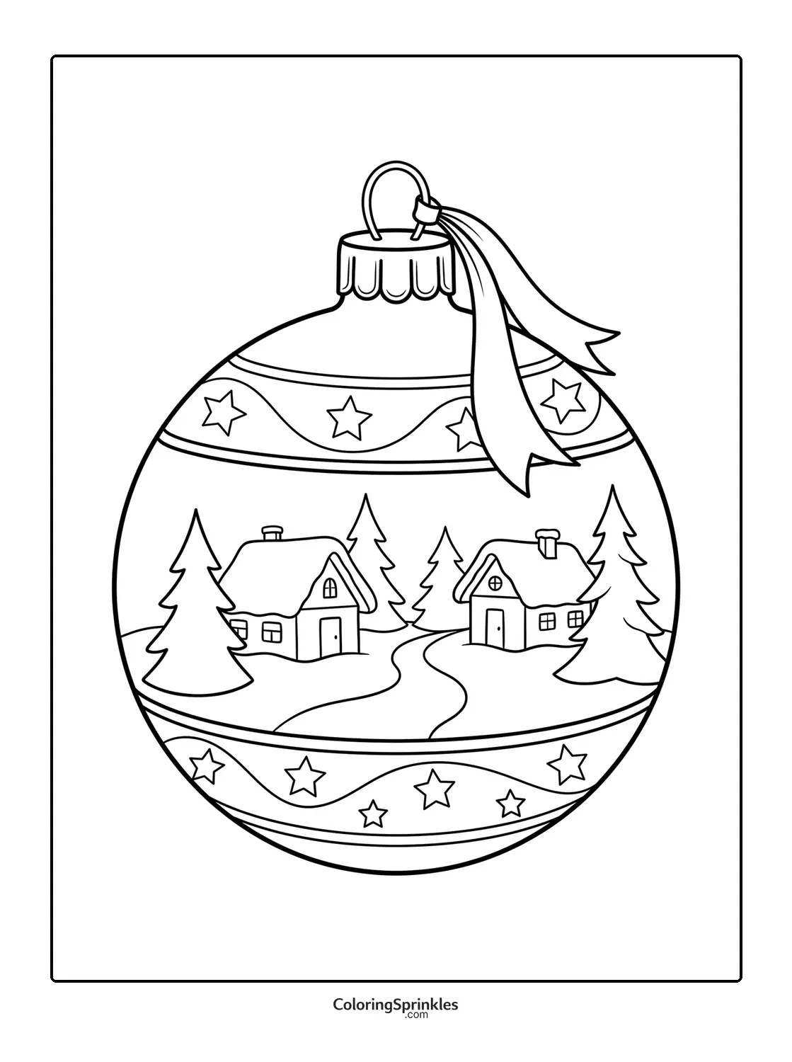 Coloring page of a Christmas ornament with winter cabins and pine trees
