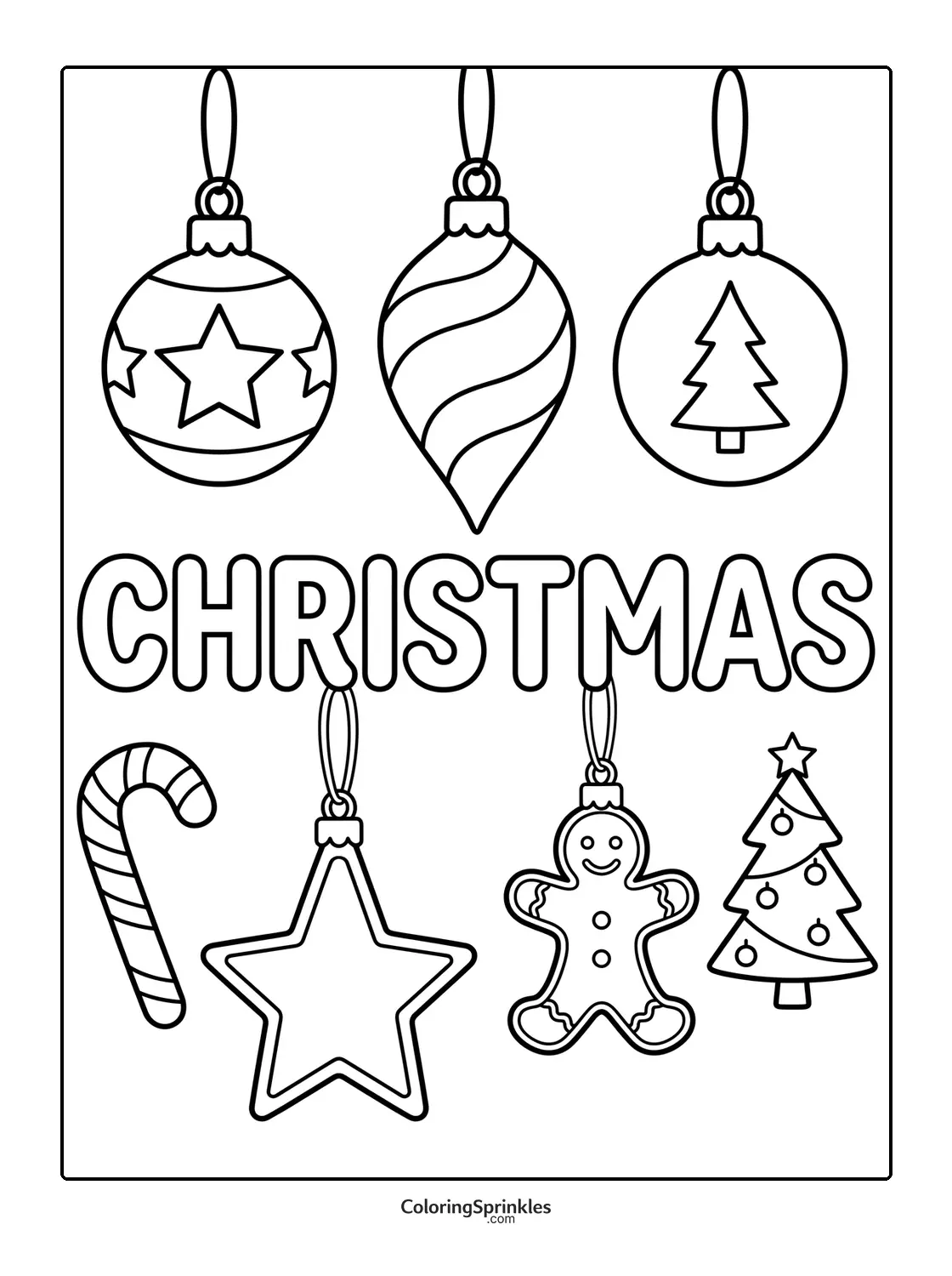 Coloring page of Christmas ornaments including candy cane, gingerbread man, star, and tree