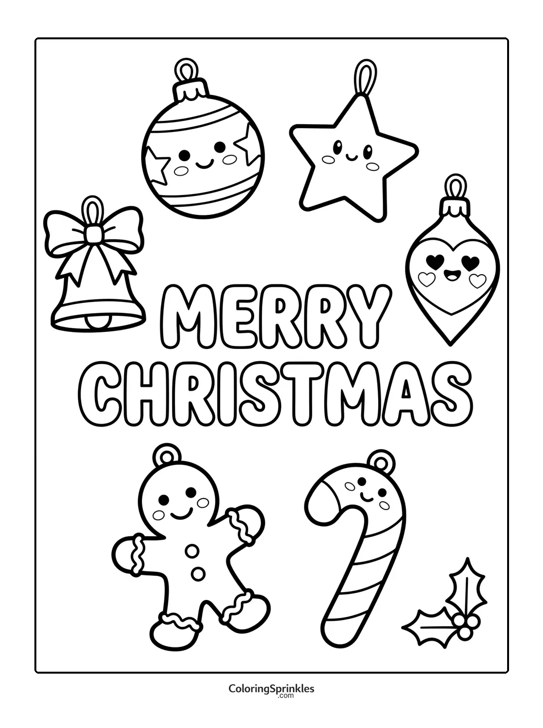 Coloring page of Christmas ornaments with faces and Merry Christmas text