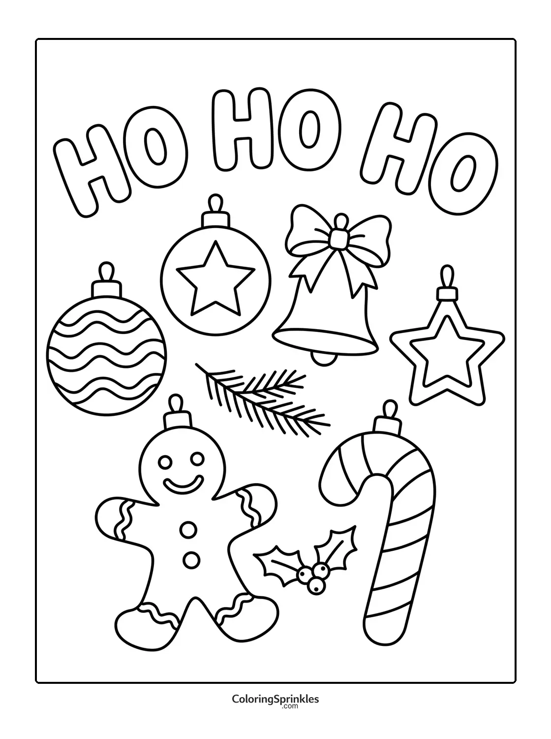 Coloring page of Christmas ornaments with a gingerbread man, candy cane, and ho ho ho text