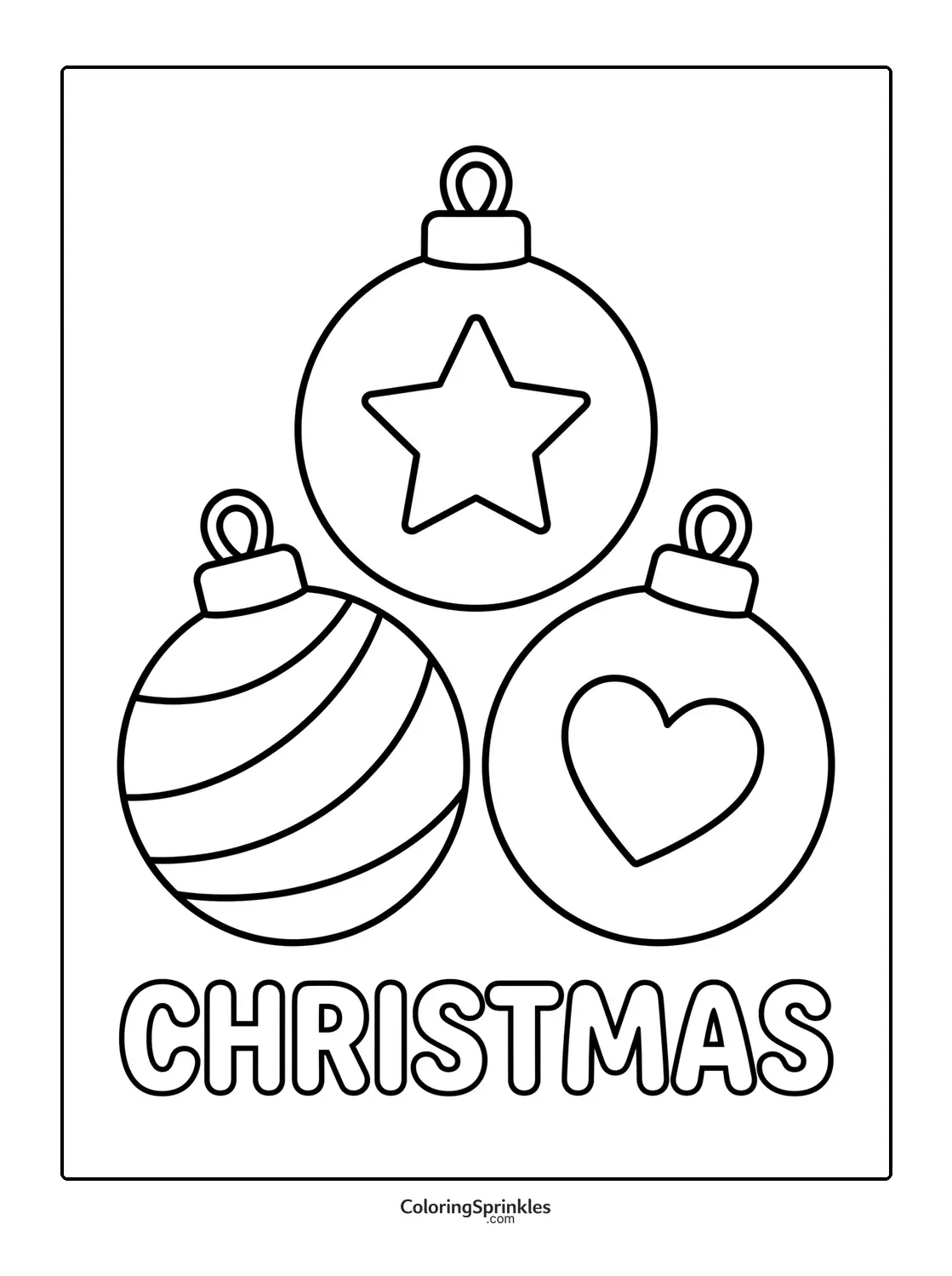 Coloring page of Christmas ornaments with star heart and stripes