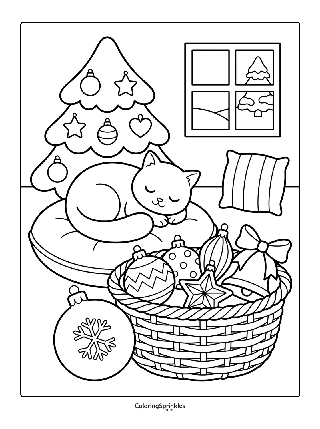 Coloring page of a cat sleeping by a Christmas tree with a basket of ornaments and a window