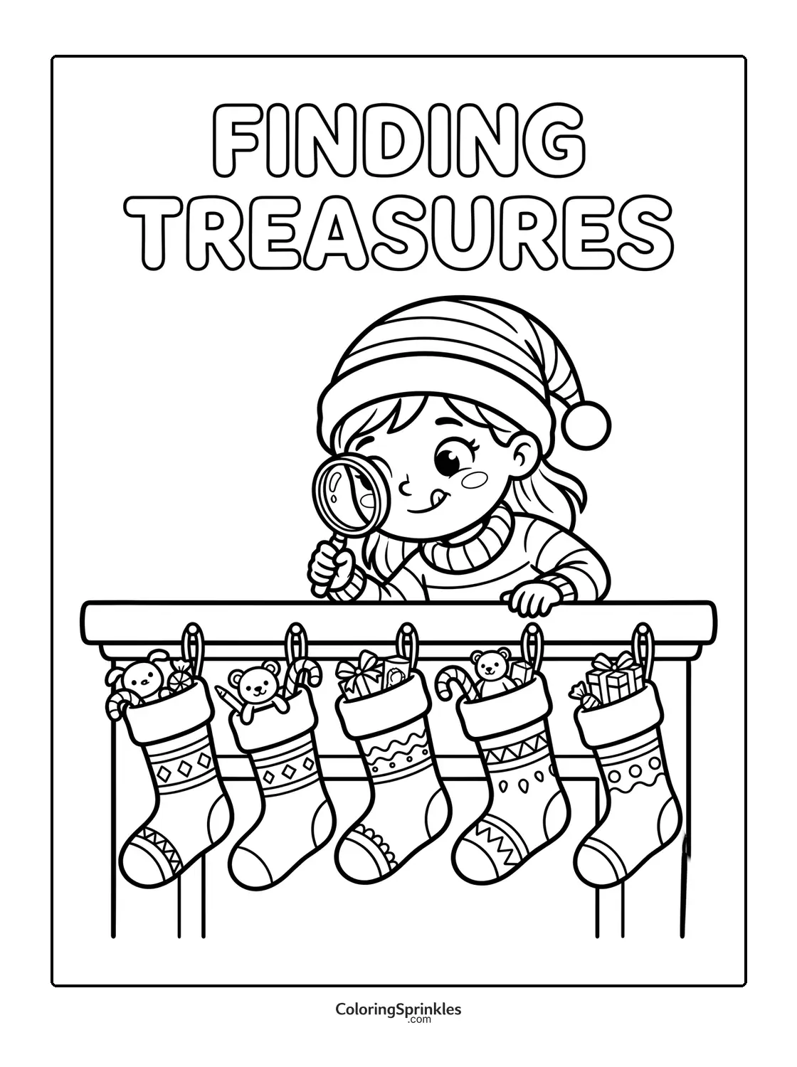 Coloring page of a child with a magnifying glass looking at Christmas stockings