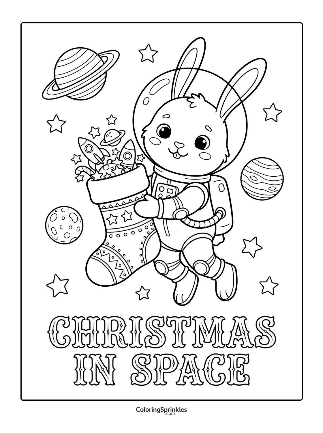 Coloring page of a bunny astronaut holding a Christmas stocking in space