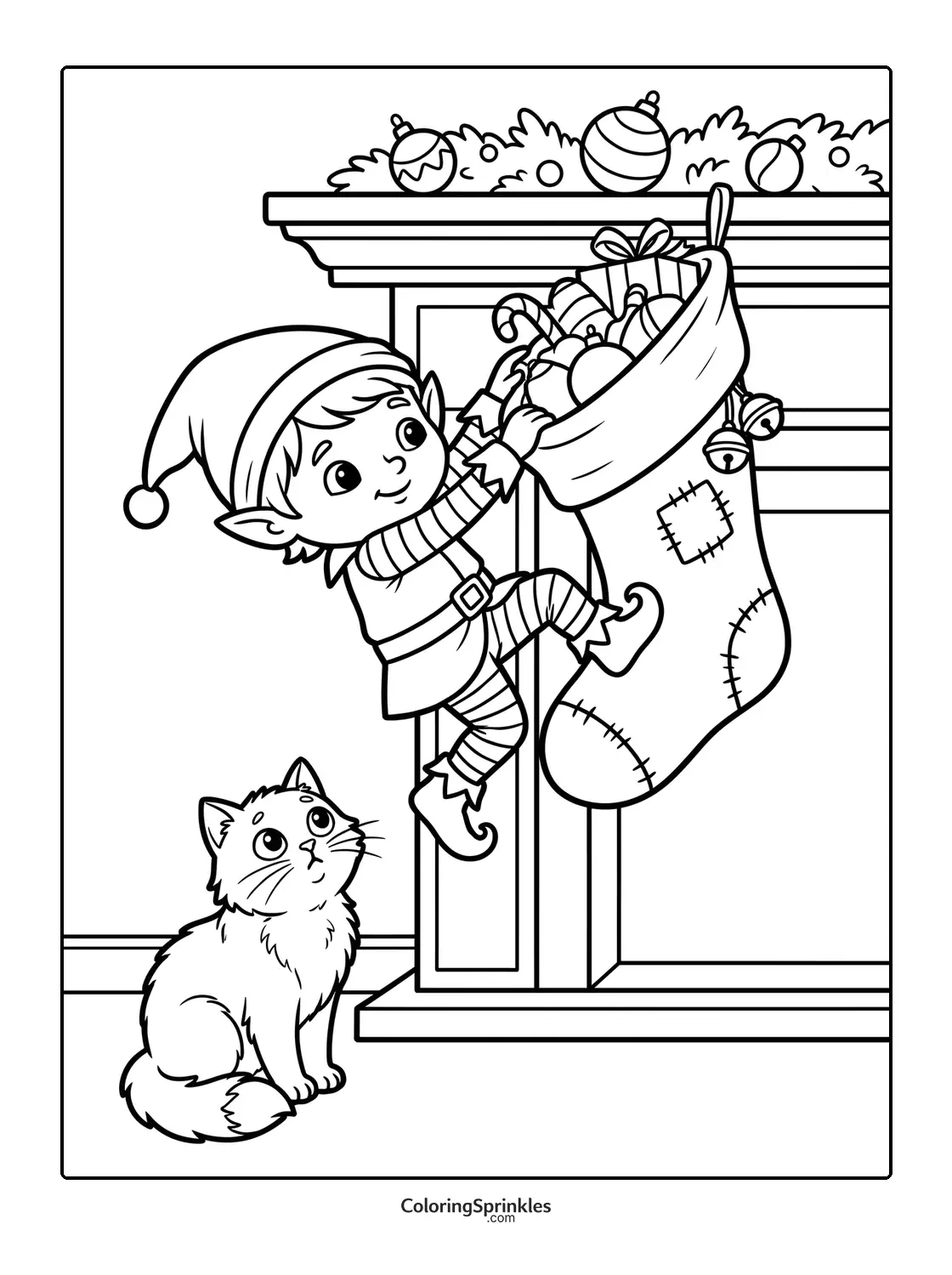 Coloring page of a Christmas elf hanging a stocking with a cat watching