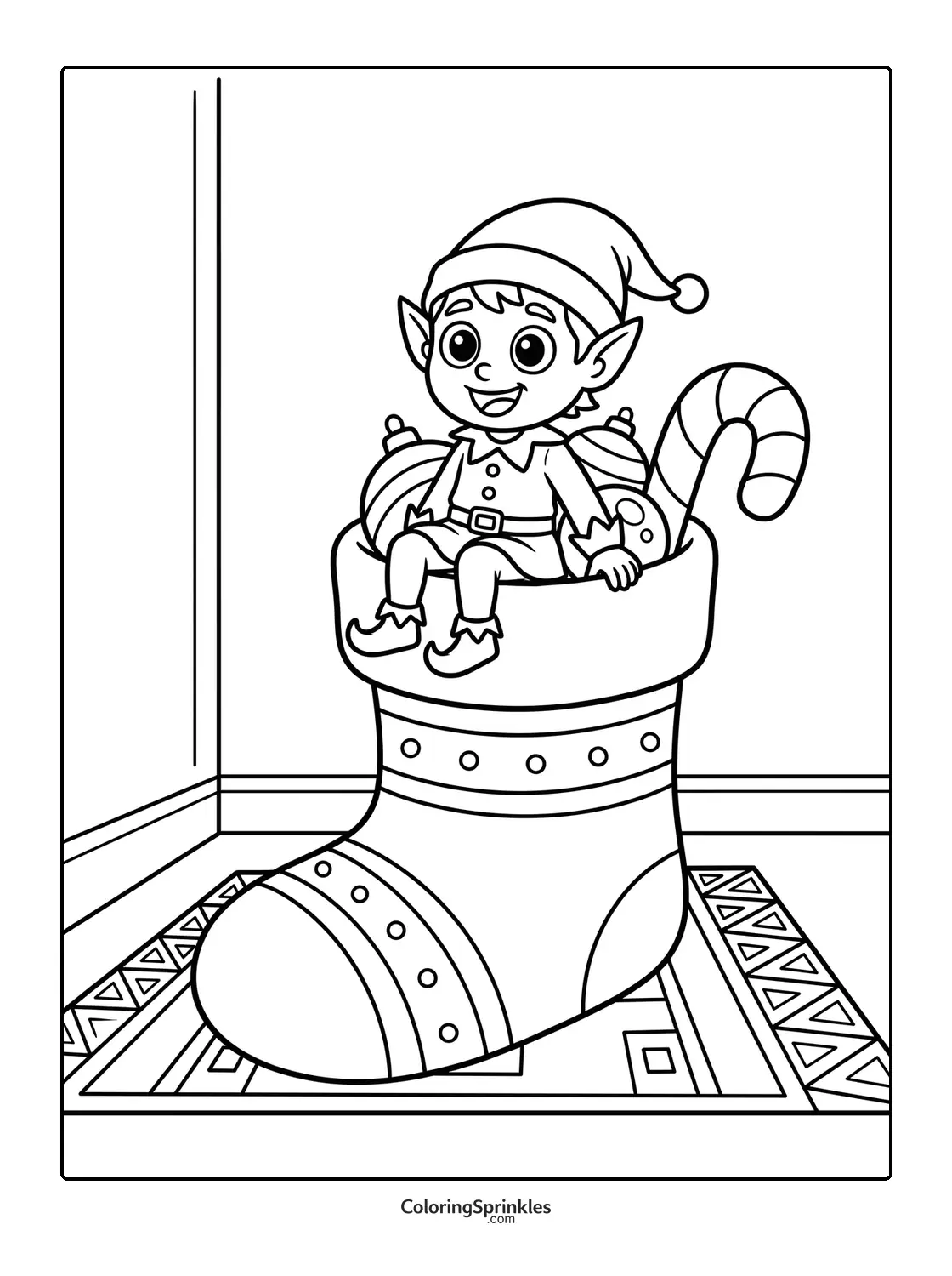 Coloring page of a Christmas elf sitting in a stocking with candy cane and ornaments