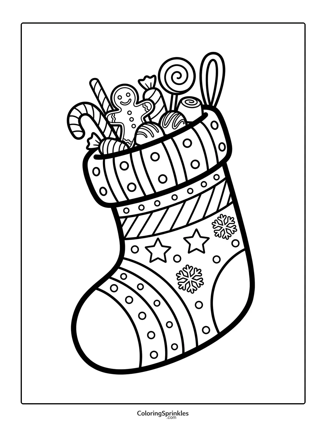 Coloring page of a Christmas stocking filled with candy and gingerbread cookies
