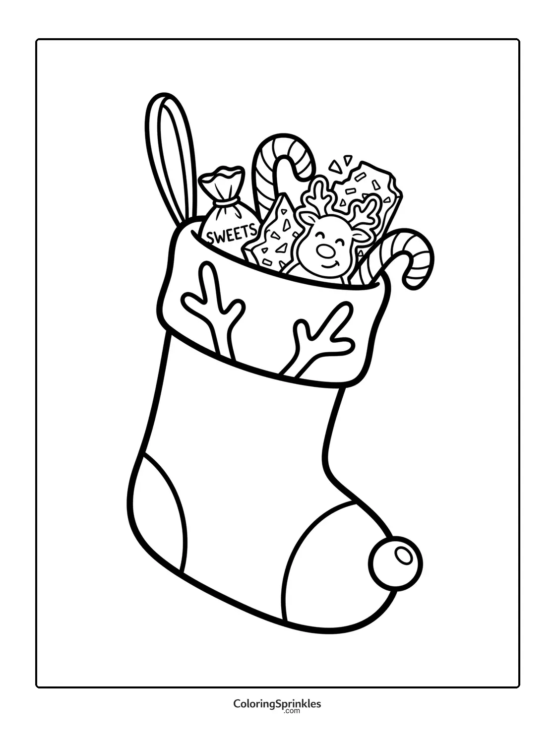 Coloring page of a Christmas stocking filled with candy and a reindeer cookie