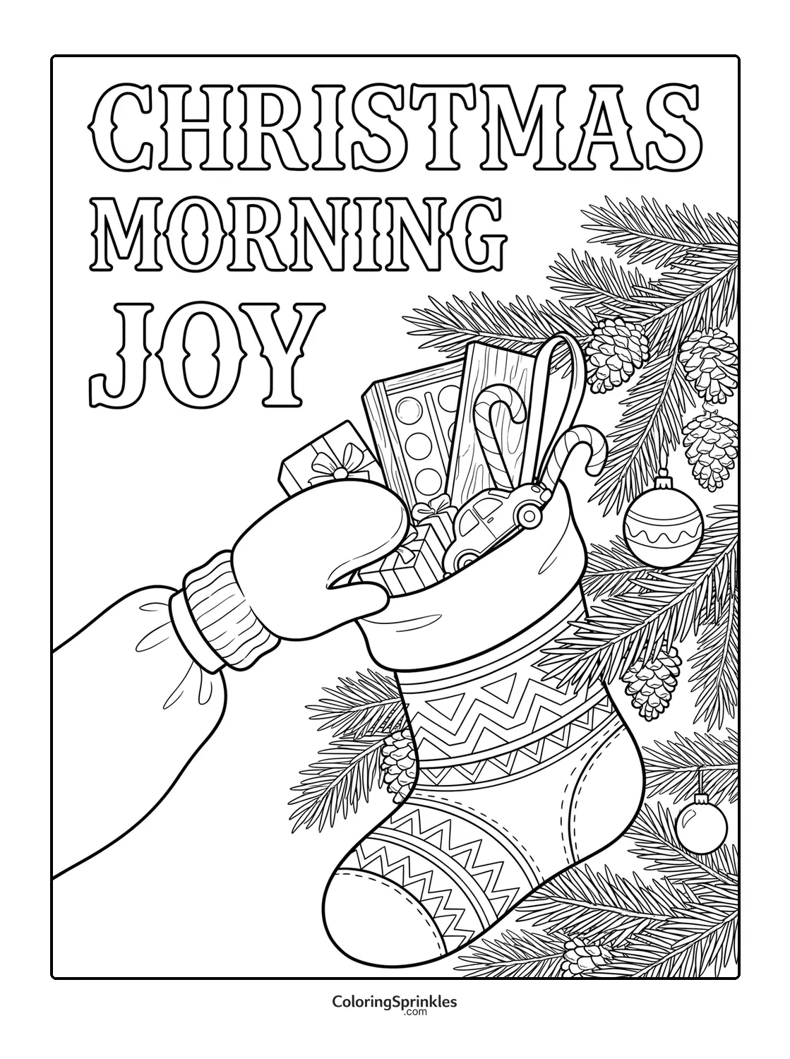 Coloring page of a Christmas stocking filled with gifts and toys near tree branches