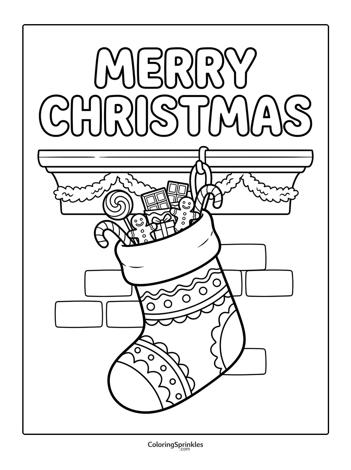 Coloring page of a Christmas stocking hanging with gifts and candy