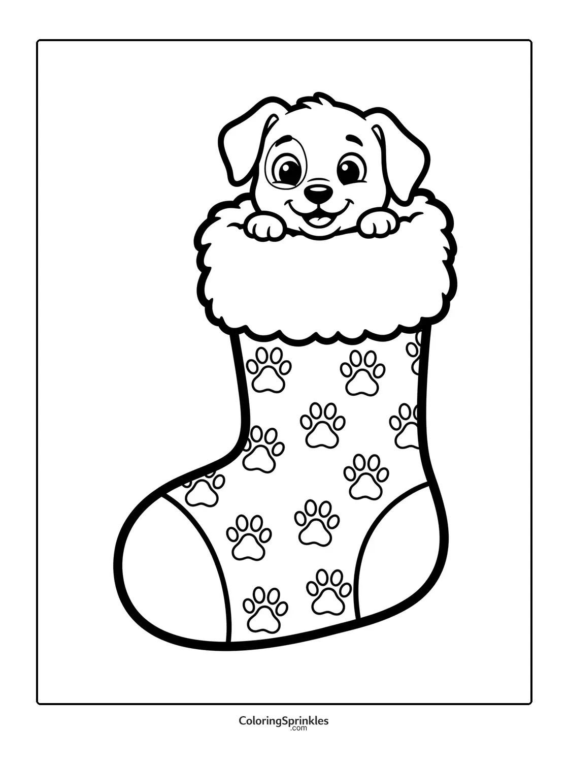 Coloring page of a puppy peeking out of a Christmas stocking with paw prints