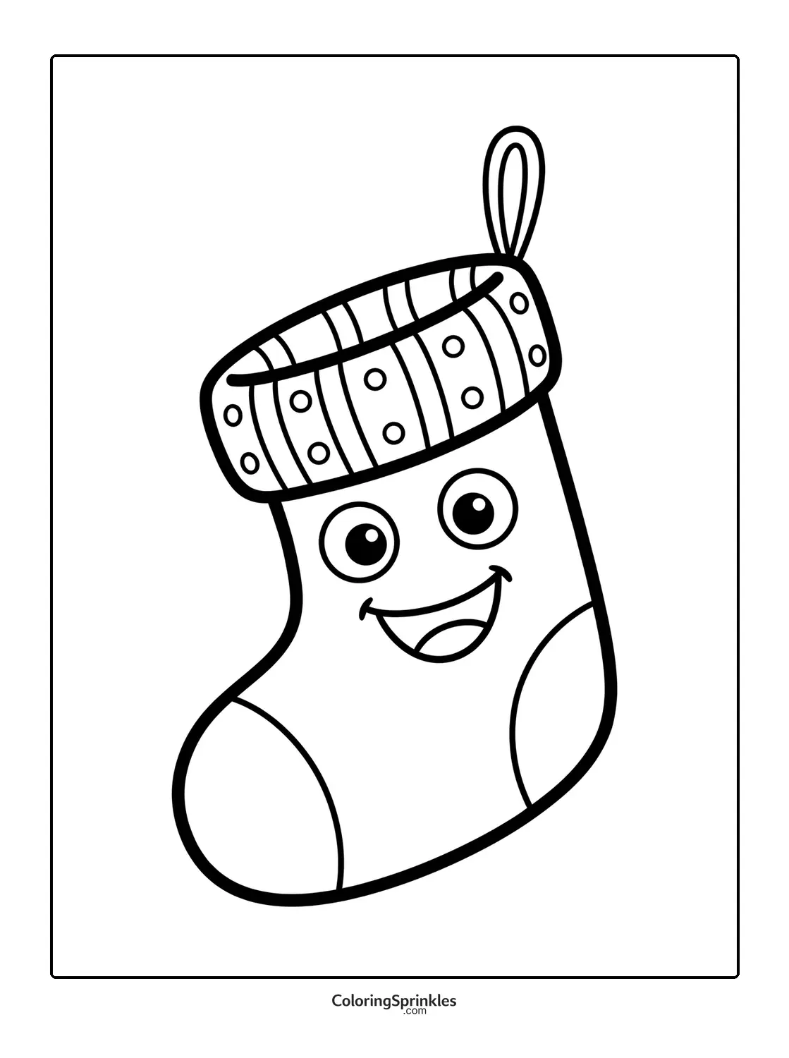 Coloring page of a Christmas stocking with a smiling face and hanging loop
