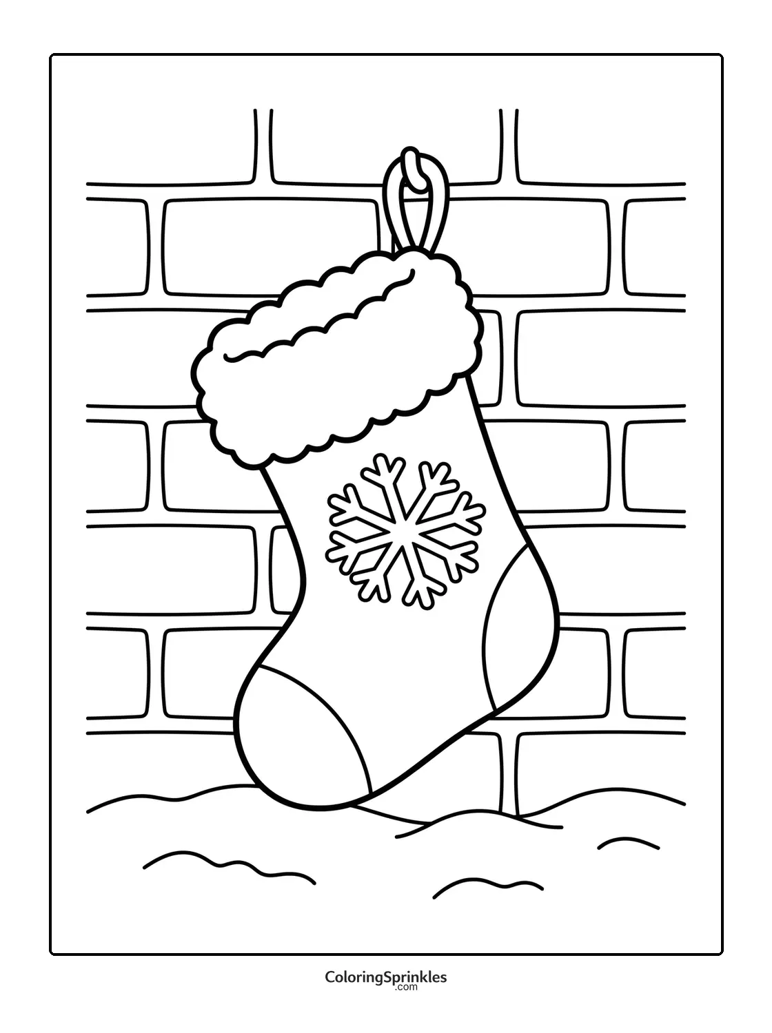 Coloring page of a Christmas stocking with a snowflake hanging on a brick wall