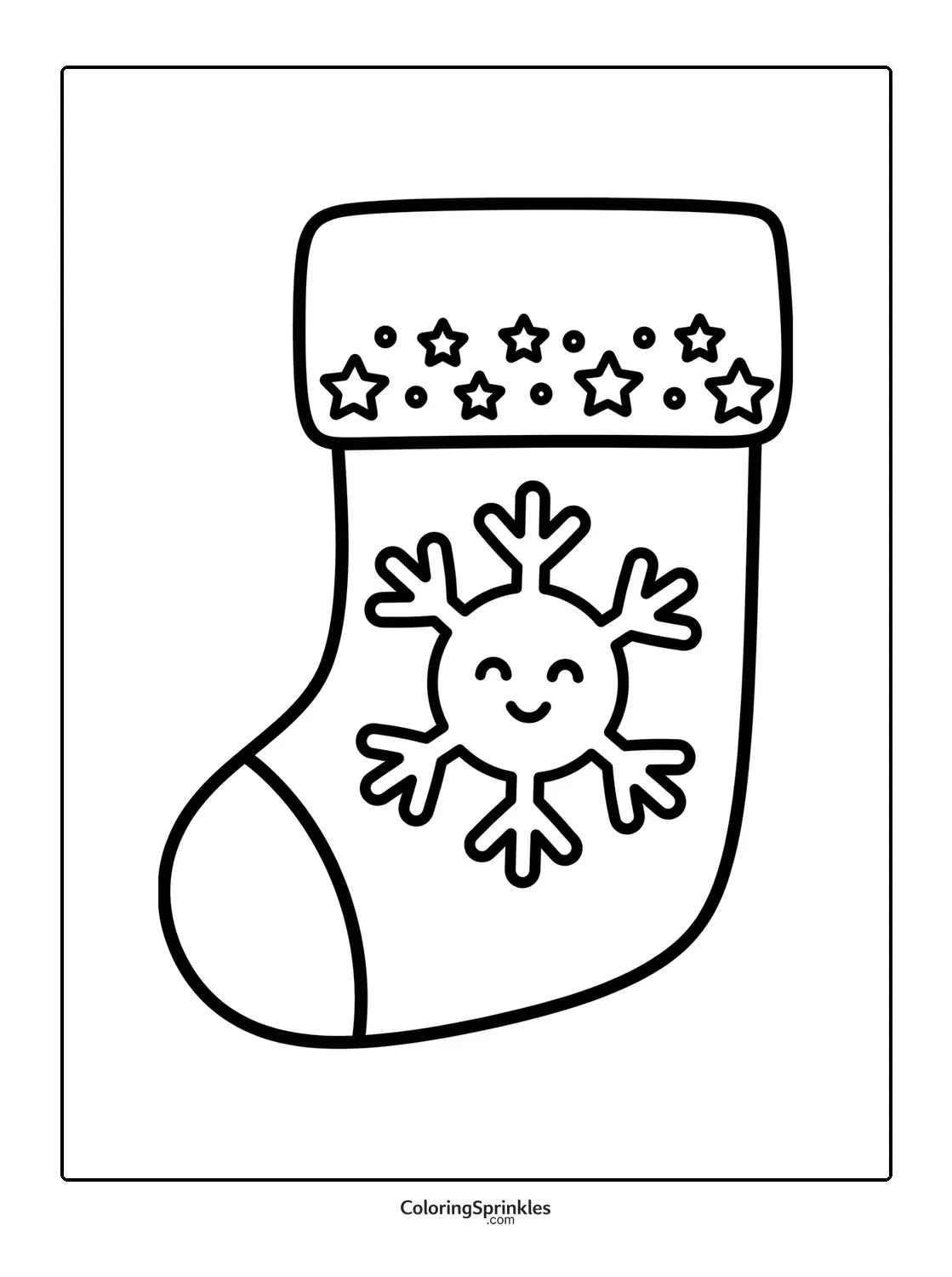 Coloring page of a Christmas stocking with a smiling snowflake and stars