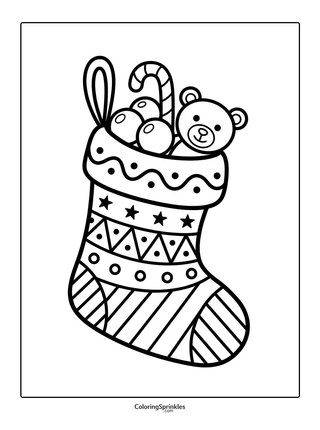 Coloring page of a Christmas stocking filled with a teddy bear, candy cane, and balls