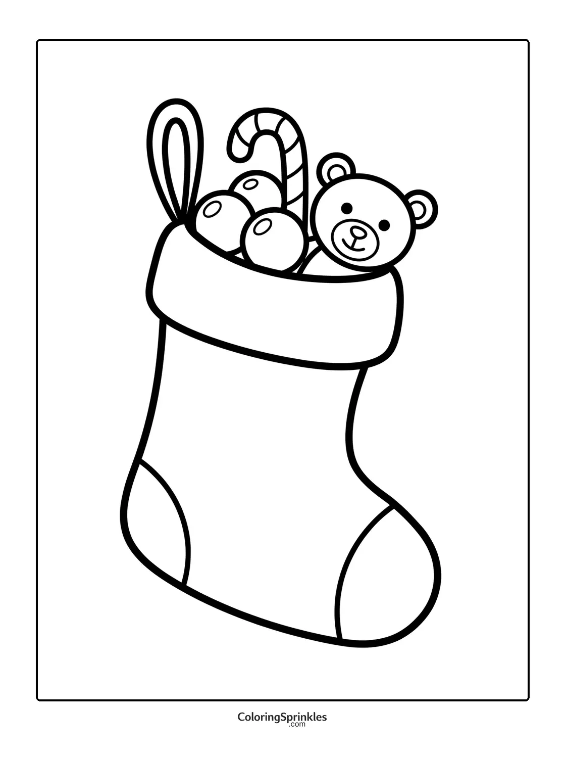 Coloring page of a Christmas stocking filled with a teddy bear, candy cane, and ornaments