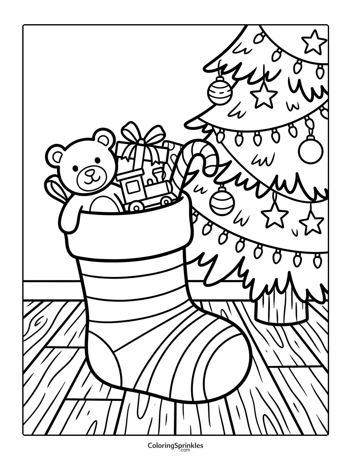 Coloring page of a Christmas stocking filled with toys next to a decorated tree