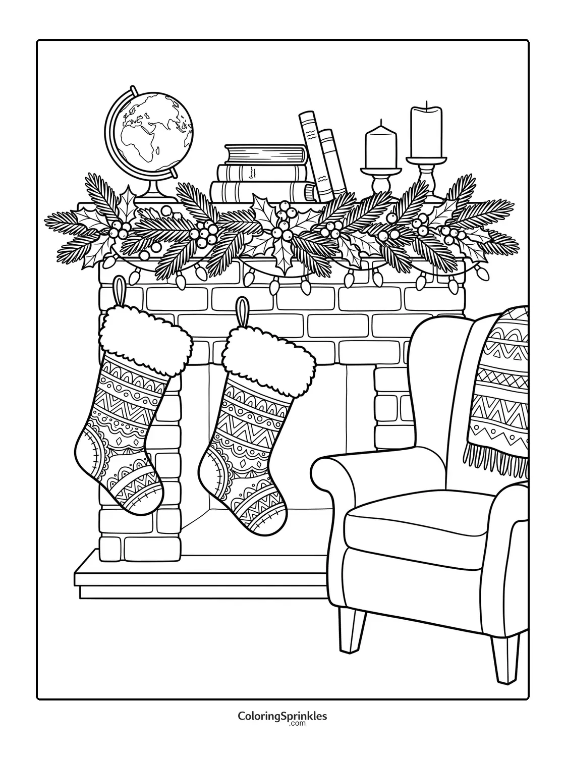 Coloring page of Christmas stockings hanging on a fireplace with an armchair and books