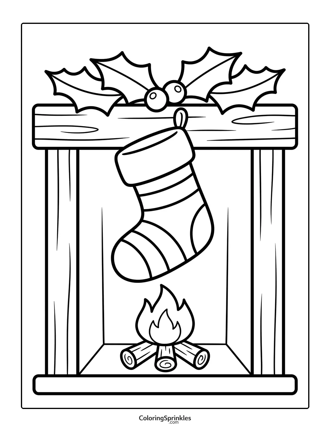 Coloring page of a Christmas stocking hanging on a fireplace decorated with holly berries