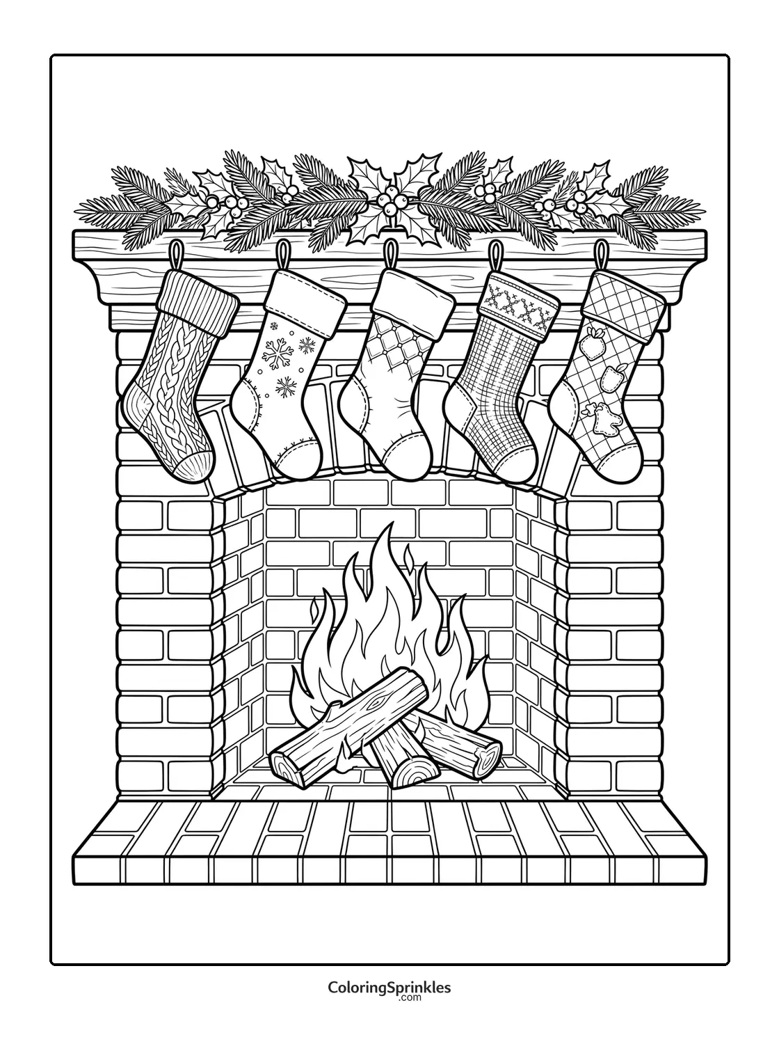 Coloring page of Christmas stockings hanging on a fireplace with holly branches