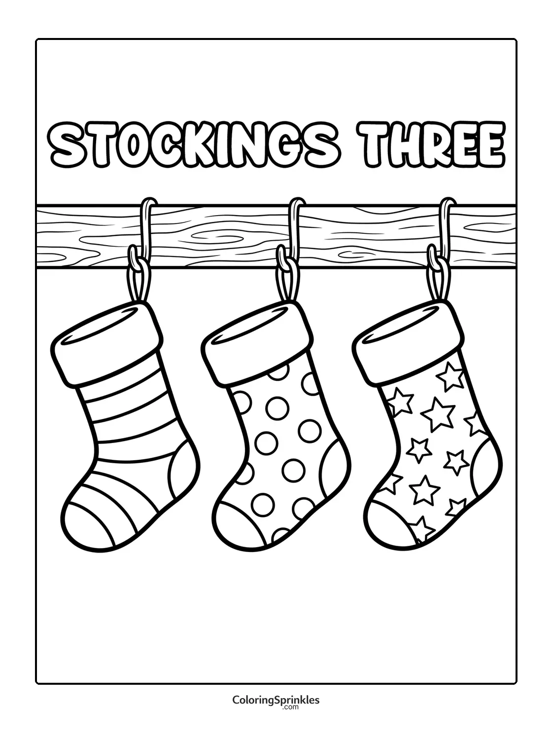 Coloring page of three Christmas stockings hanging with different patterns